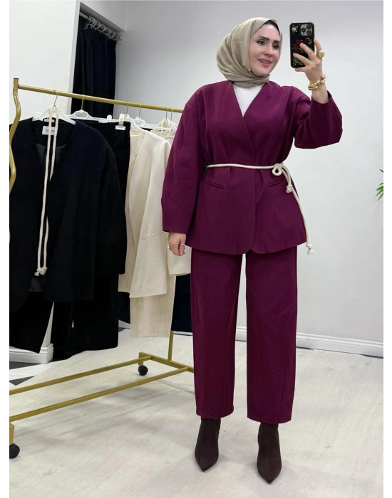 Tasarım Ceketli Keten Takım-Kemer Hediyeli Bordo