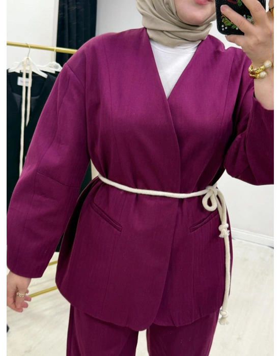 Tasarım Ceketli Keten Takım-Kemer Hediyeli Bordo