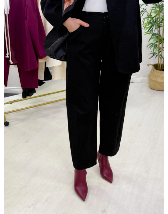 Tasarım Ceketli Keten Takım-Kemer Hediyeli Siyah