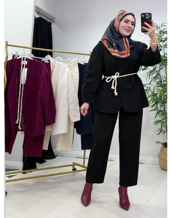 Tasarım Ceketli Keten Takım-Kemer Hediyeli Siyah