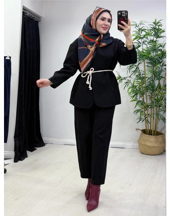 Tasarım Ceketli Keten Takım-Kemer Hediyeli Siyah