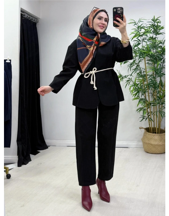 Tasarım Ceketli Keten Takım-Kemer Hediyeli Siyah