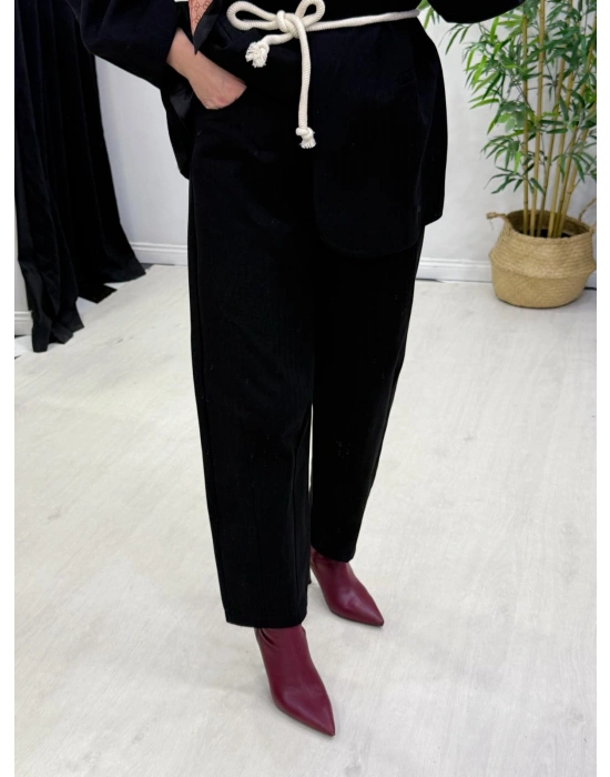 Tasarım Ceketli Keten Takım-Kemer Hediyeli Siyah