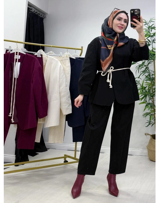 Tasarım Ceketli Keten Takım-Kemer Hediyeli Siyah