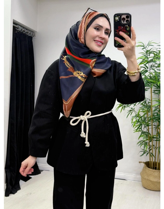 Tasarım Ceketli Keten Takım-Kemer Hediyeli Siyah