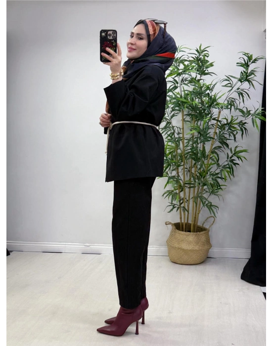 Tasarım Ceketli Keten Takım-Kemer Hediyeli Siyah