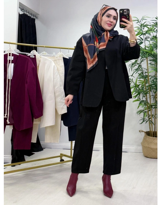 Tasarım Ceketli Keten Takım-Kemer Hediyeli Siyah