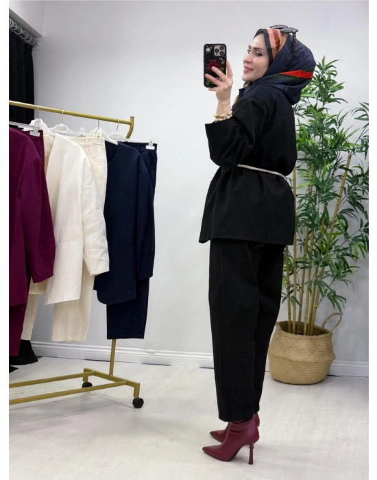 Tasarım Ceketli Keten Takım-Kemer Hediyeli Siyah