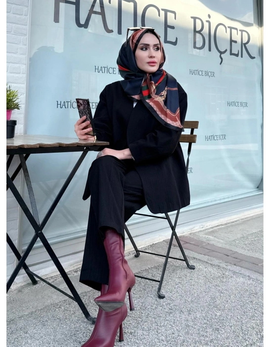 Tasarım Ceketli Keten Takım-Kemer Hediyeli Siyah