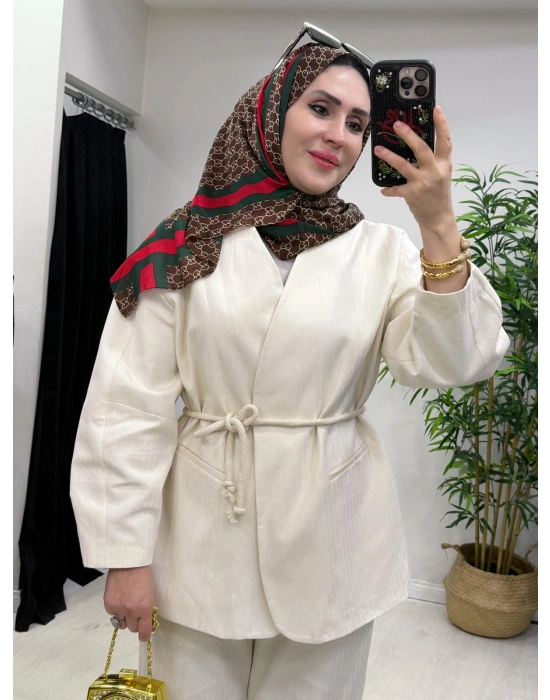Tasarım Ceketli Keten Takım-Kemer Hediyeli Krem