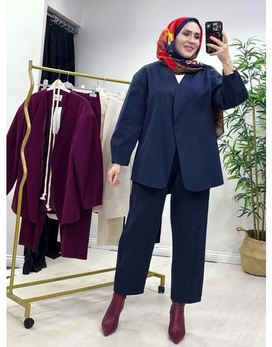 Tasarım Ceketli Keten Takım-Kemer Hediyeli Lacivert