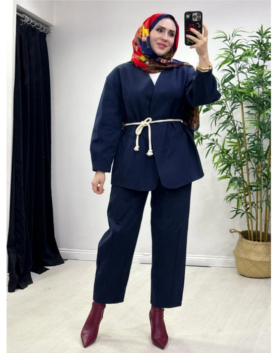 Tasarım Ceketli Keten Takım-Kemer Hediyeli Lacivert
