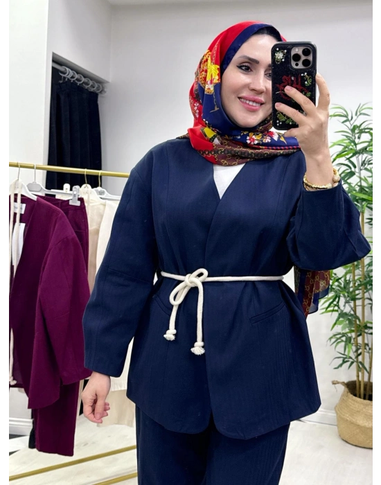 Tasarım Ceketli Keten Takım-Kemer Hediyeli Lacivert