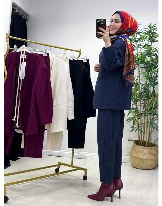 Tasarım Ceketli Keten Takım-Kemer Hediyeli Lacivert