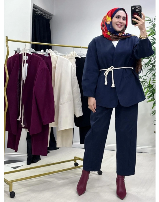 Tasarım Ceketli Keten Takım-Kemer Hediyeli Lacivert