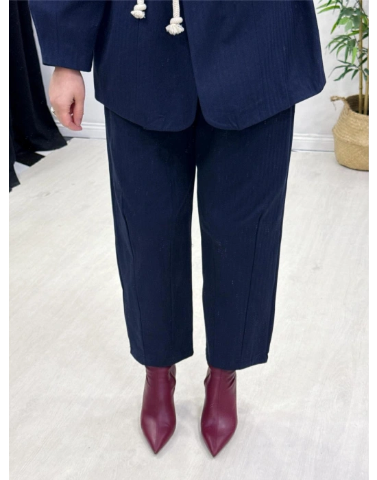 Tasarım Ceketli Keten Takım-Kemer Hediyeli Lacivert