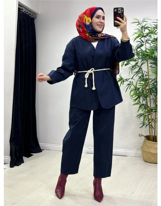 Tasarım Ceketli Keten Takım-Kemer Hediyeli Lacivert