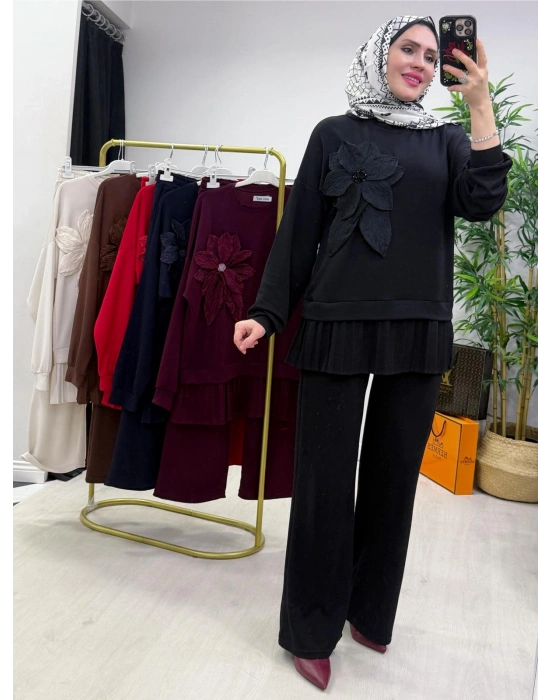 Gül Broş Detaylı Oysho Kumaş Takım Siyah