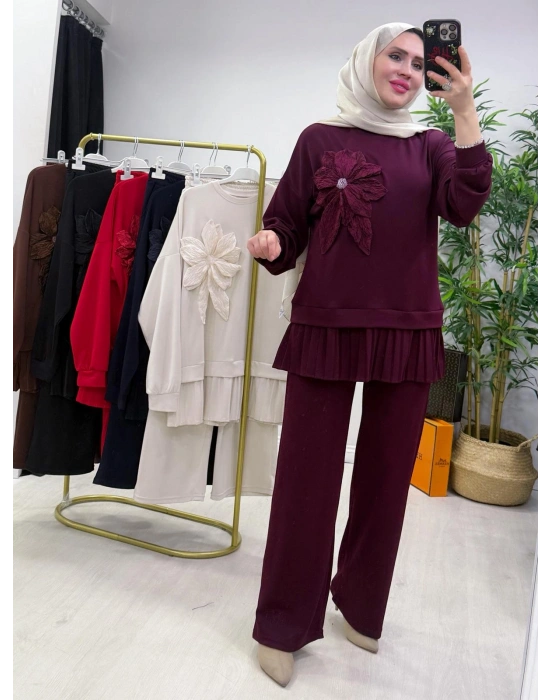 Gül Broş Detaylı Oysho Kumaş Takım Mürdüm