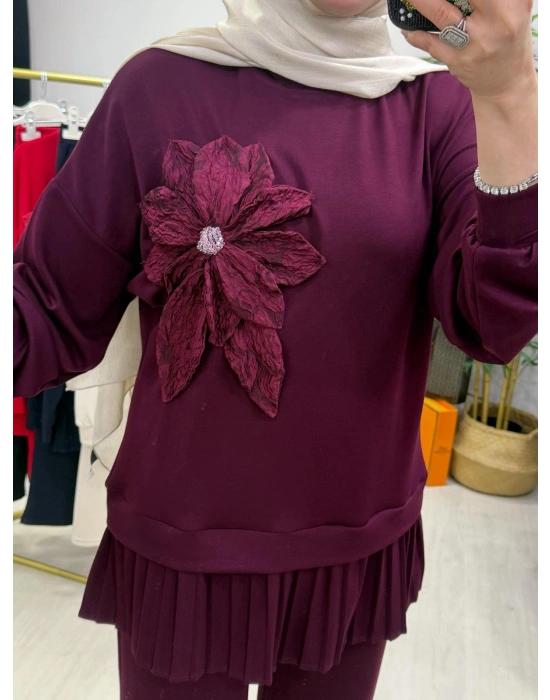 Gül Broş Detaylı Oysho Kumaş Takım Mürdüm