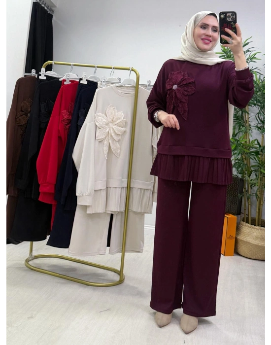 Gül Broş Detaylı Oysho Kumaş Takım Mürdüm