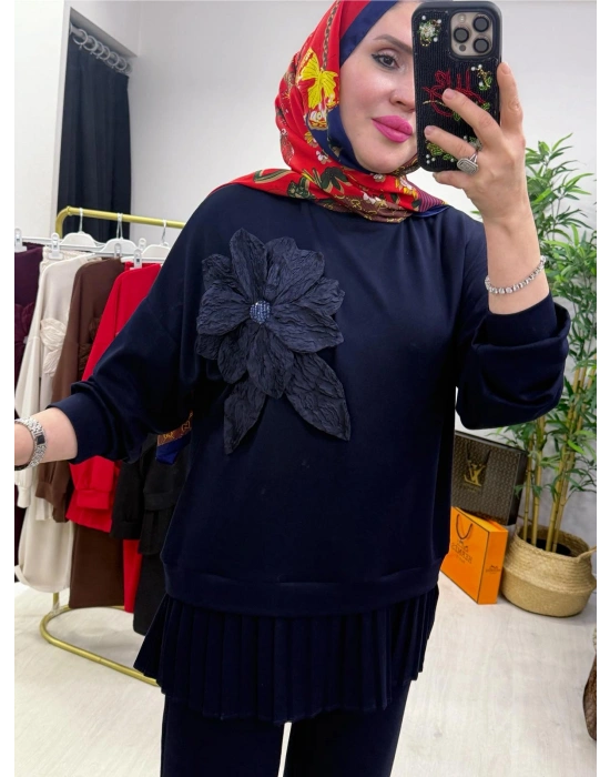 Gül Broş Detaylı Oysho Kumaş Takım Lacivert