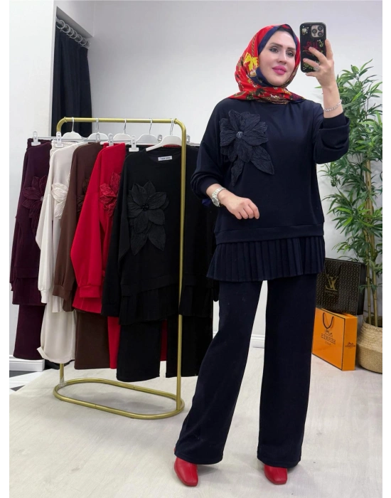 Gül Broş Detaylı Oysho Kumaş Takım Lacivert