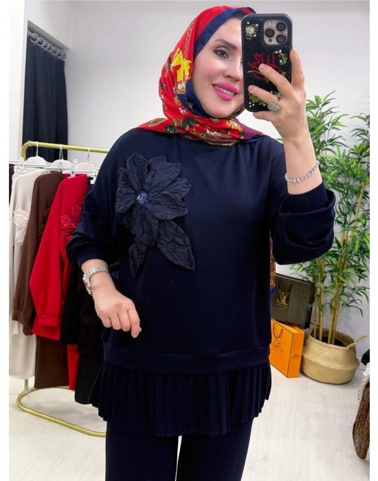 Gül Broş Detaylı Oysho Kumaş Takım Lacivert