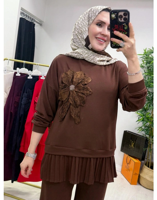 Gül Broş Detaylı Oysho Kumaş Takım Kahverengi