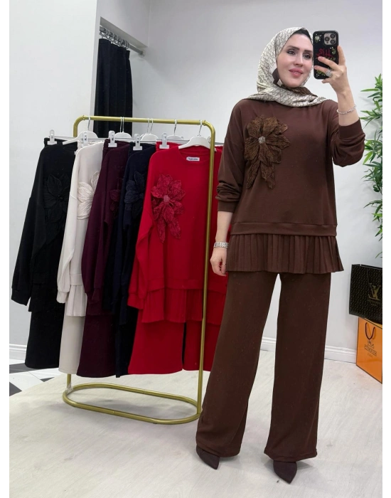 Gül Broş Detaylı Oysho Kumaş Takım Kahverengi