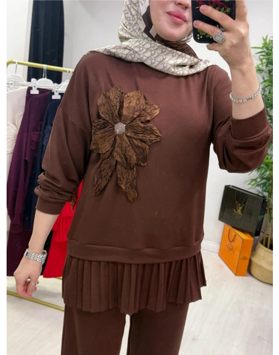 Gül Broş Detaylı Oysho Kumaş Takım Kahverengi