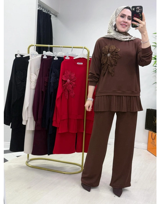 Gül Broş Detaylı Oysho Kumaş Takım Kahverengi