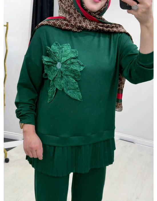 Gül Broş Detaylı Oysho Kumaş Takım Zümrüt Yeşil