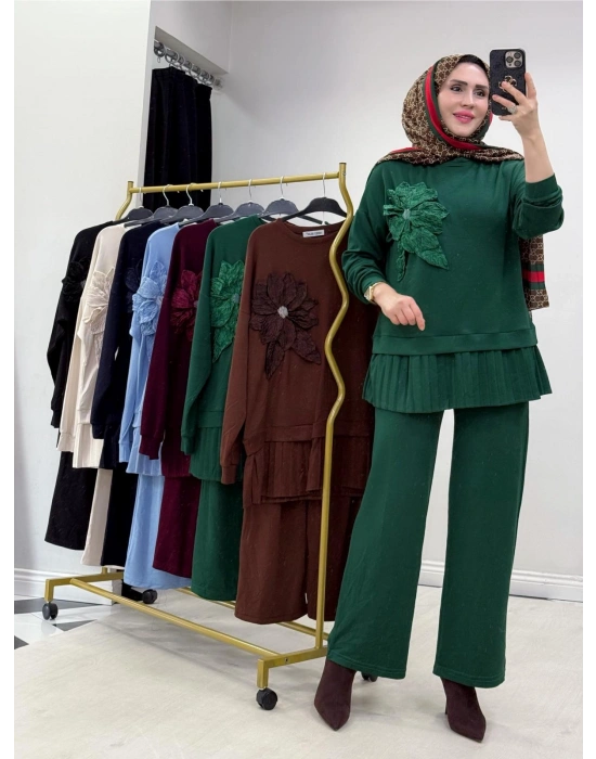 Gül Broş Detaylı Oysho Kumaş Takım Zümrüt Yeşil