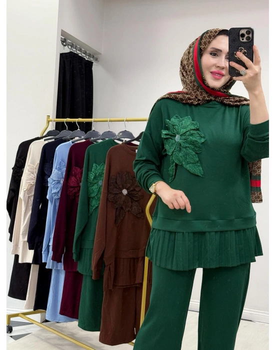 Gül Broş Detaylı Oysho Kumaş Takım Zümrüt Yeşil