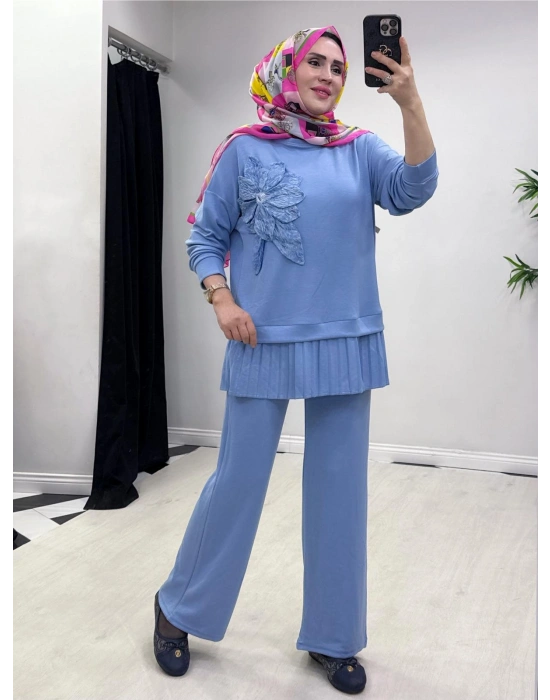 Gül Broş Detaylı Oysho Kumaş Takım Bebe Mavi