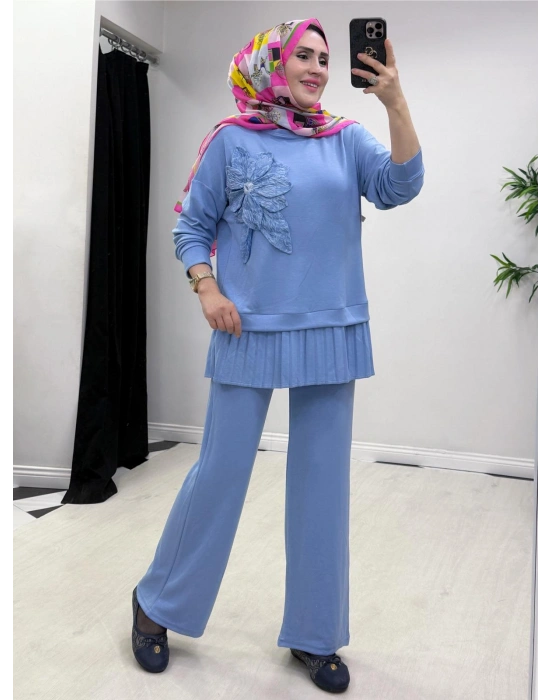 Gül Broş Detaylı Oysho Kumaş Takım Bebe Mavi