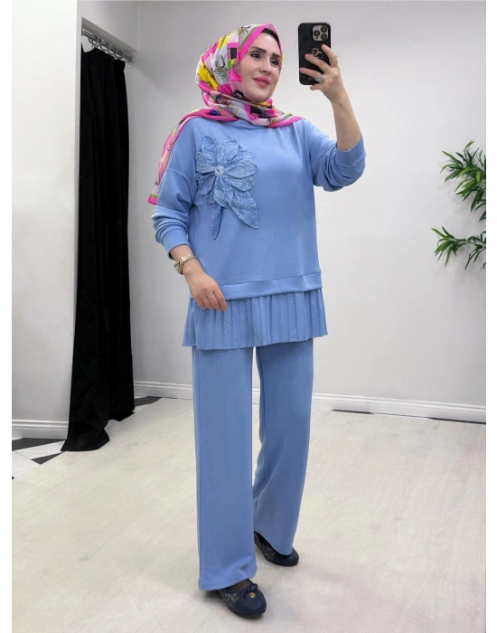 Gül Broş Detaylı Oysho Kumaş Takım Bebe Mavi
