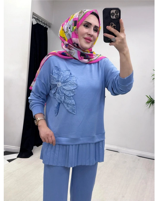 Gül Broş Detaylı Oysho Kumaş Takım Bebe Mavi