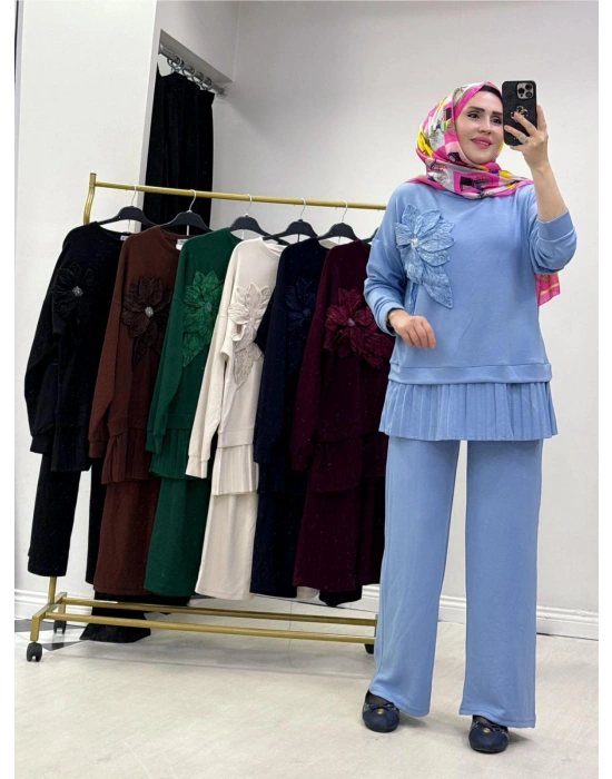 Gül Broş Detaylı Oysho Kumaş Takım Bebe Mavi