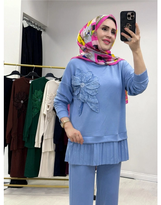 Gül Broş Detaylı Oysho Kumaş Takım Bebe Mavi