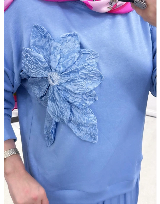 Gül Broş Detaylı Oysho Kumaş Takım Bebe Mavi