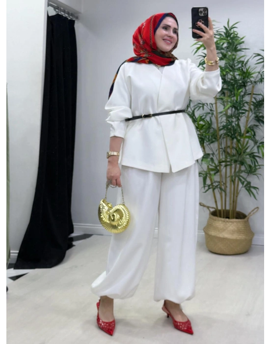 Ceketli Şalvar Takım Kemer Hediyeli Beyaz