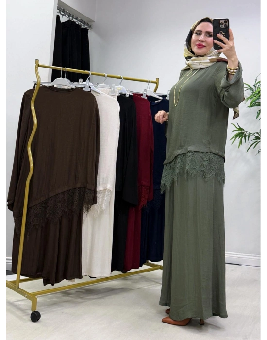 Dantel Detaylı Takım İpek Kumaş Haki