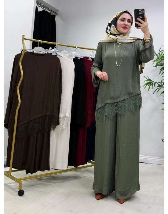 Dantel Detaylı Takım İpek Kumaş Haki