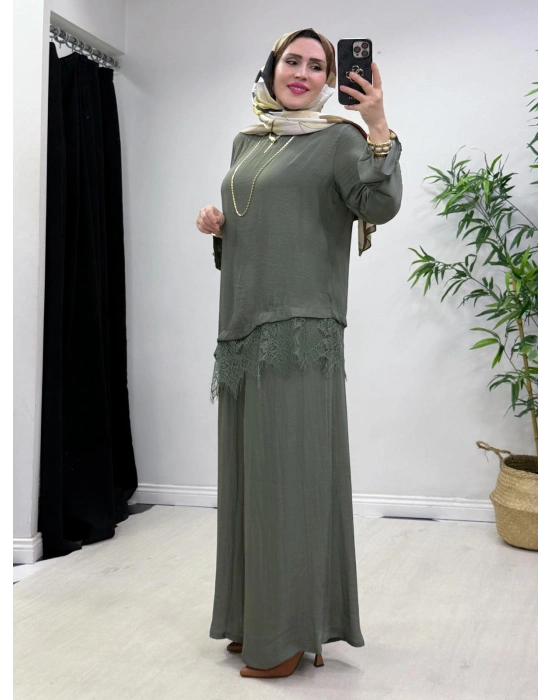 Dantel Detaylı Takım İpek Kumaş Haki