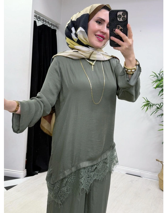 Dantel Detaylı Takım İpek Kumaş Haki