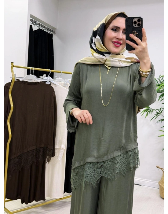 Dantel Detaylı Takım İpek Kumaş Haki