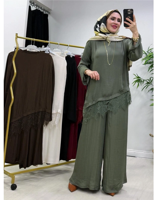 Dantel Detaylı Takım İpek Kumaş Haki