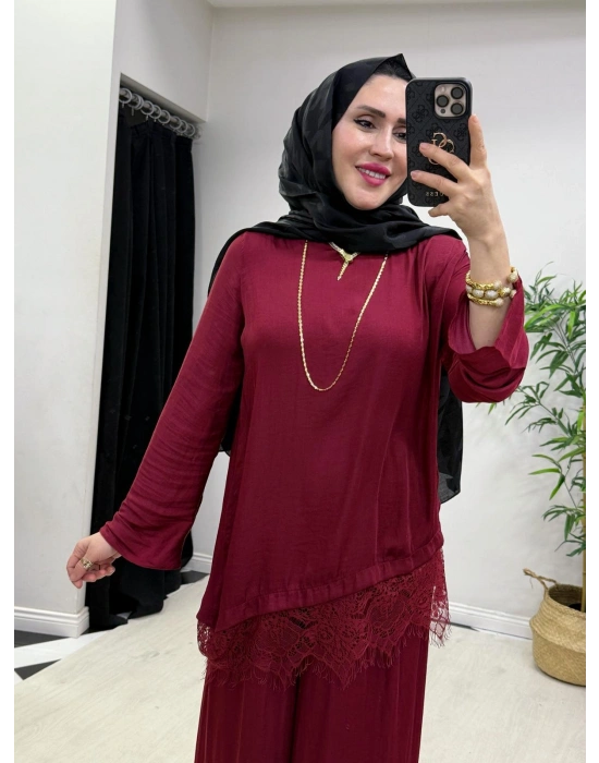 Dantel Detaylı Takım İpek Kumaş Bordo